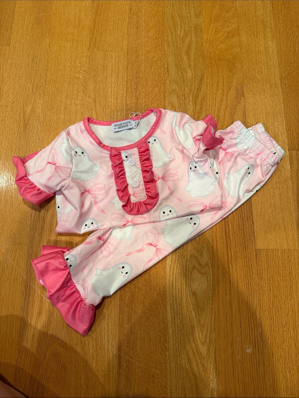 Pink Ghost Print Pajama Set with Hot Pink Ruffles